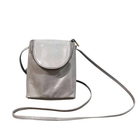 HOBO Crossbody Bag Womens Small Gray Leather Zip Around Flap Mini Purse Compact - Picture 1 of 12